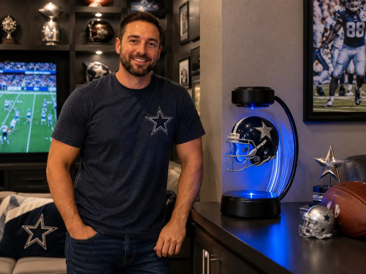 Cowboys-inspired football fan room with levitating helmet display