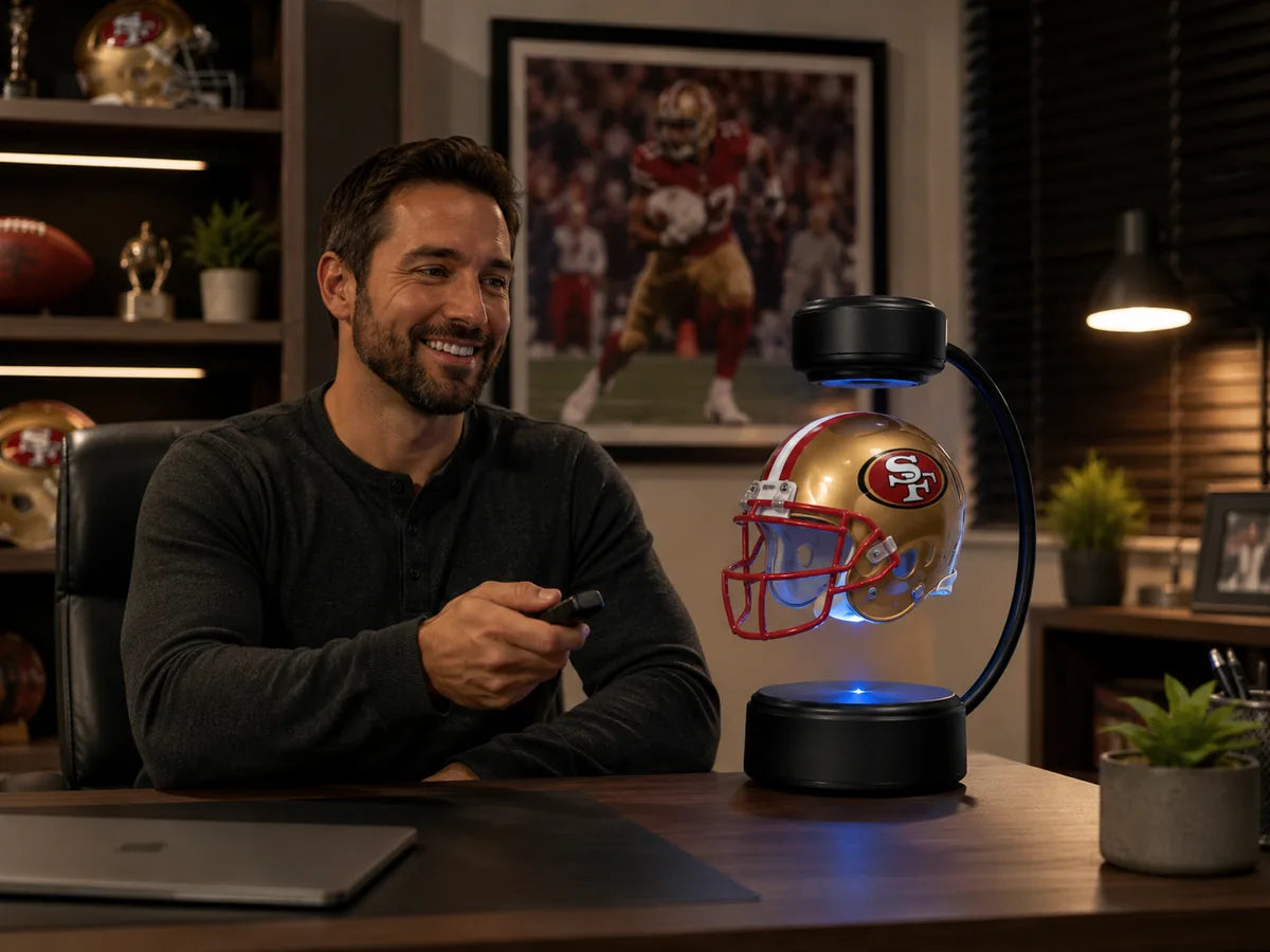 49ers-inspired office with levitating helmet display